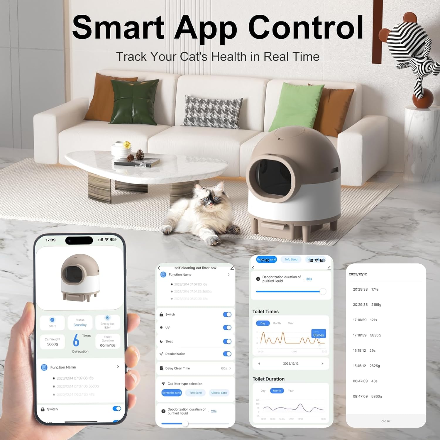 Self Cleaning Cat Litter Box, 80L Extra Large Open Automatic Cat Litter Box for Multi Cats, Integrated Safety Protection/APP Control/Odor Removal Smart Litter Box with Mat & Liner - Image 8