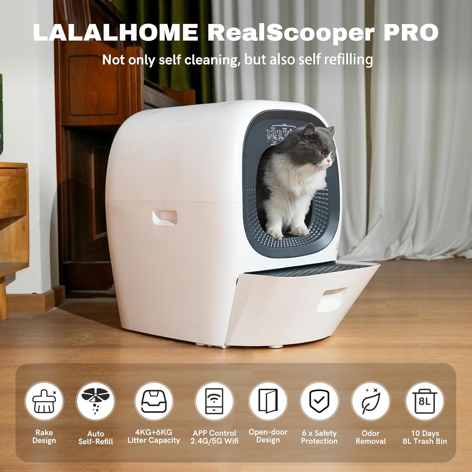 Auto Self-Refill Cat Litter Box Pro* Automatic Cat Litter Box Self Cleaning Litter Box for Multiple Cats, Odor-Removal/App Control/Safety Protection, Robotic Smart Kitty Litter Box Open-Top - Image 3
