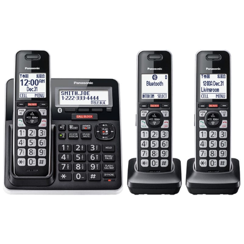 Panasonic Cordless Phone with Advanced Call Block, One-Ring Scam Alert, and 2-Way Recording with Answering Machine, 3 Handsets - Black