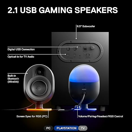 SteelSeries Arena 7 RGB Illuminated 2.1 Gaming Speakers with Powerful Bass, Subwoofer, and Bluetooth - For PC, PlayStation, Mobile - Image 3