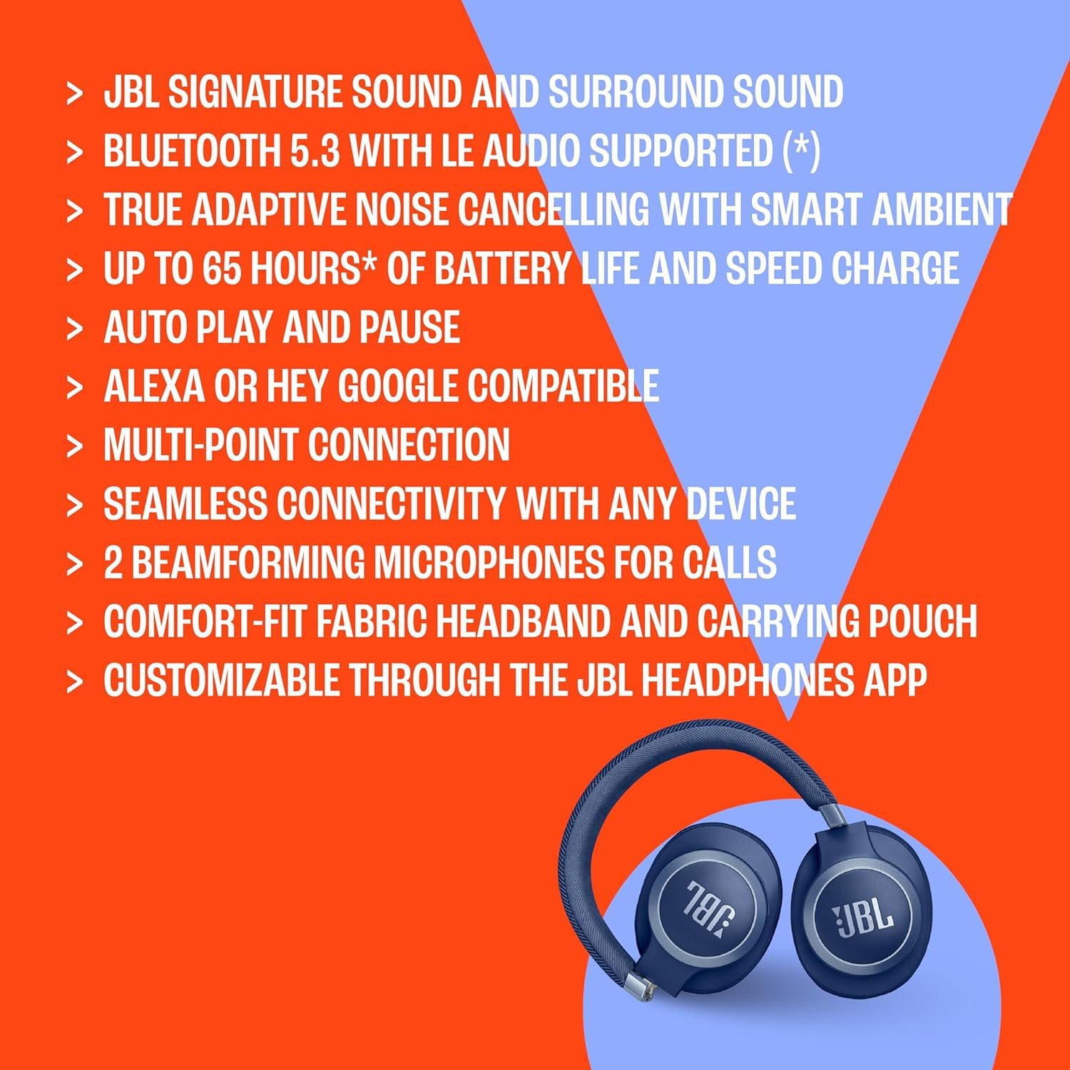 JBL Live 770NC - Wireless Over-Ear Headphones with True Adaptive Noise Cancelling with Smart Ambient, Up to 65 Hours of Battery Life, Comfort-fit Fabric Headband & Carrying Pouch (Blue) - Image 5