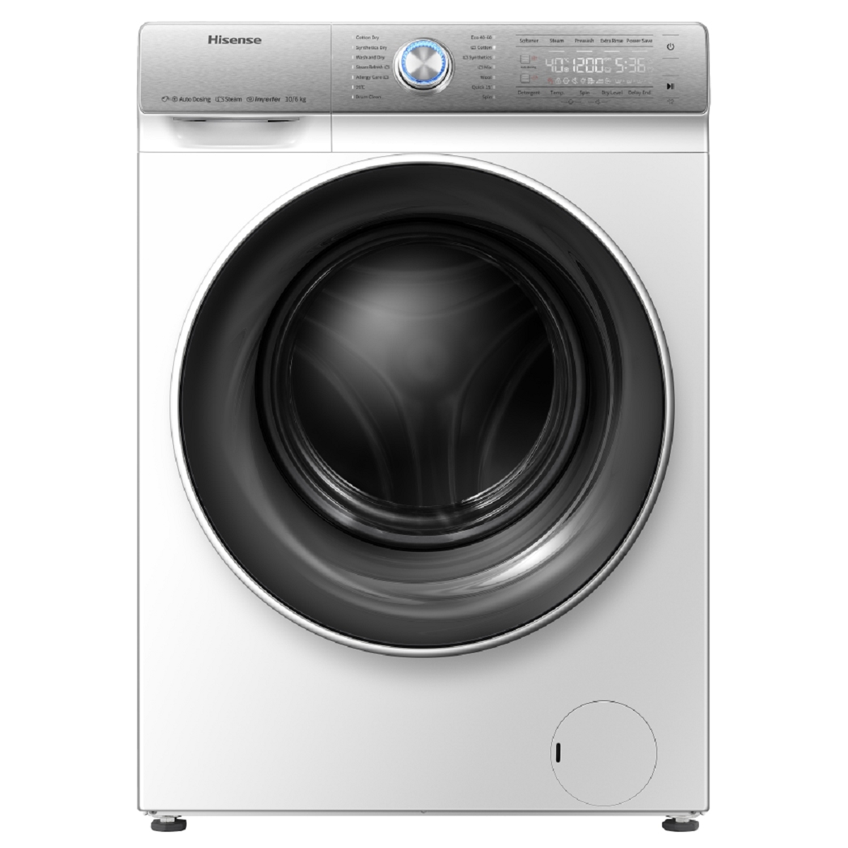 Hisense WDQR1014EVAJM Freestanding 10 KG Front Load Washer Dryer Auto Dosing Steam Wash Big LED Touchscreen 1400 RPM 10 kg/6 kg Load White Energy Rating E [Energy Class E]