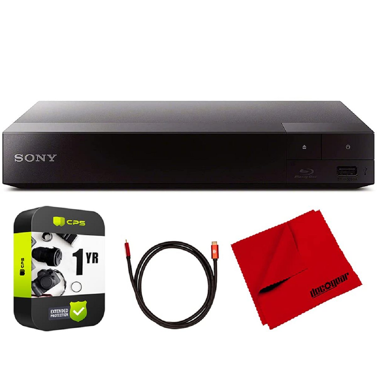 Sony Streaming Blu-Ray Disc Player with WiFi - BDP-BX370 Bundle with Deco Gear 6 ft High Speed HDMI 2.0 Cable and Microfiber TV Screen Cloth